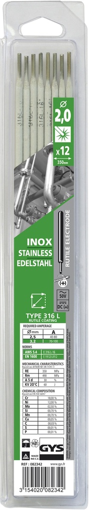 GYS 12 STAINLESS STEEL ELECTRODES 316L Ø2.0 - BLISTER