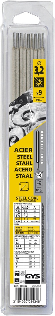 GYS 9 RUTILE ELECTRODES - STEEL - Ø3.2 (BLISTER)