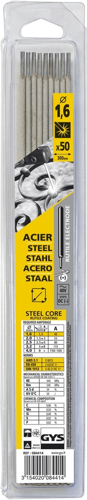 GYS 50 RUTILE ELECTRODES - STEEL - Ø1.6 (BLISTER)