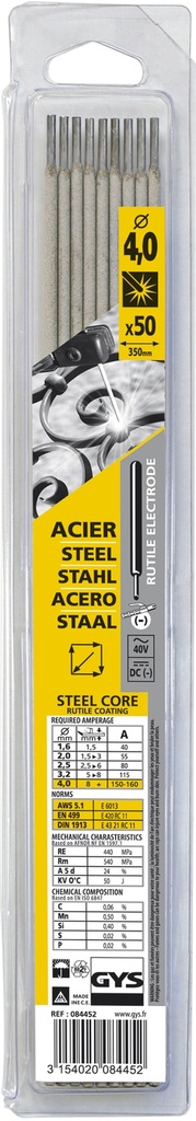 GYS 50 RUTILE ELECTRODES - STEEL - Ø4.0 (BLISTER)
