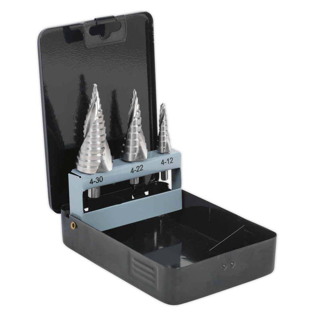 Sealey Spiral Flute HSS 4341 Step Drill Bit Set 3pc