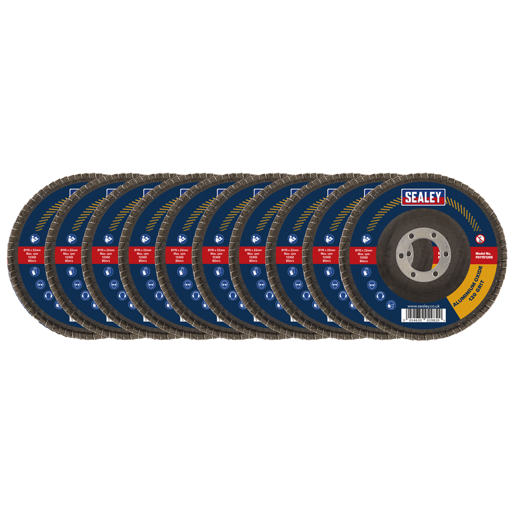 Sealey 115mm Aluminium Oxide Flap Discs 120Grit 22mm Bore - Pack