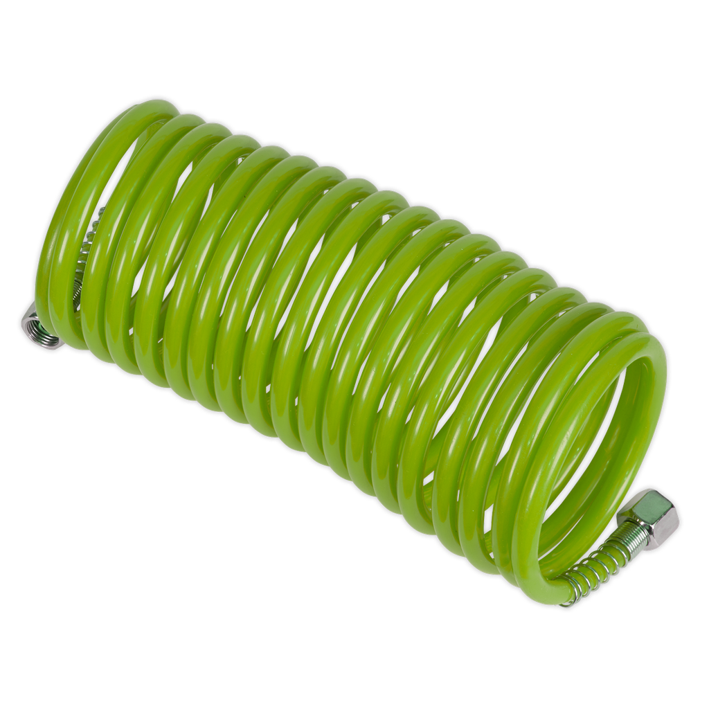 Sealey PE Coiled Air Hose with 1/4"BSP Unions 5m x 5mm - Green
