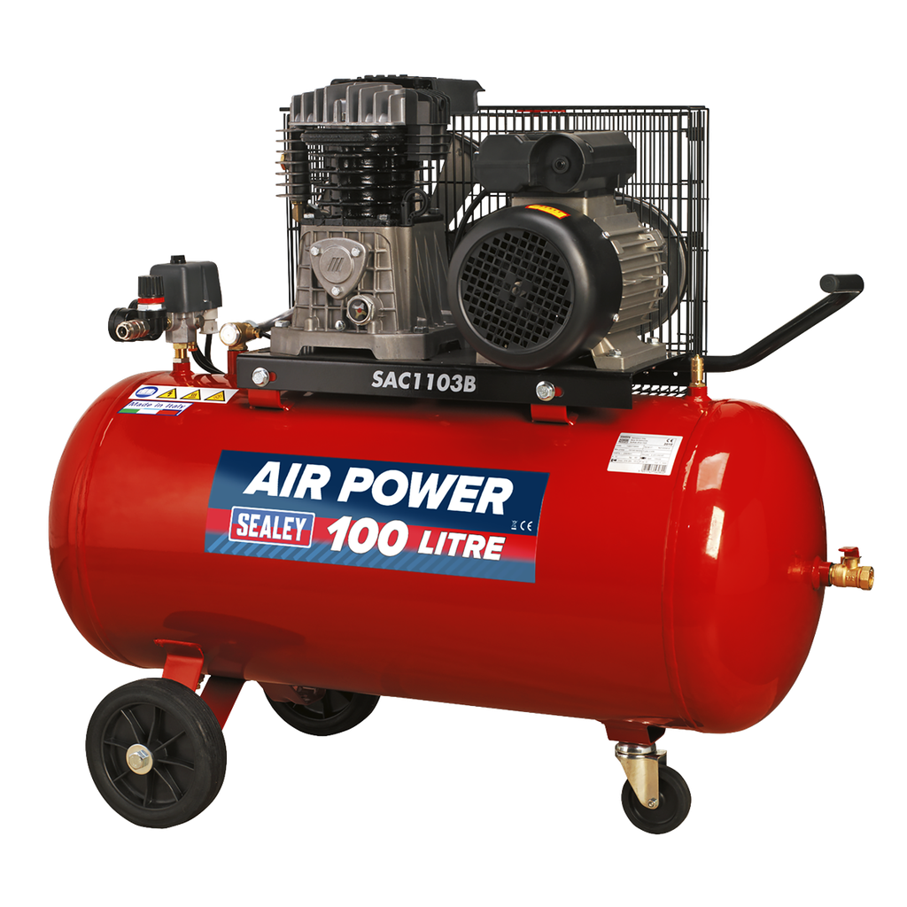Sealey 100L Belt Drive Air Compressor with Cast Cylinders & Whee
