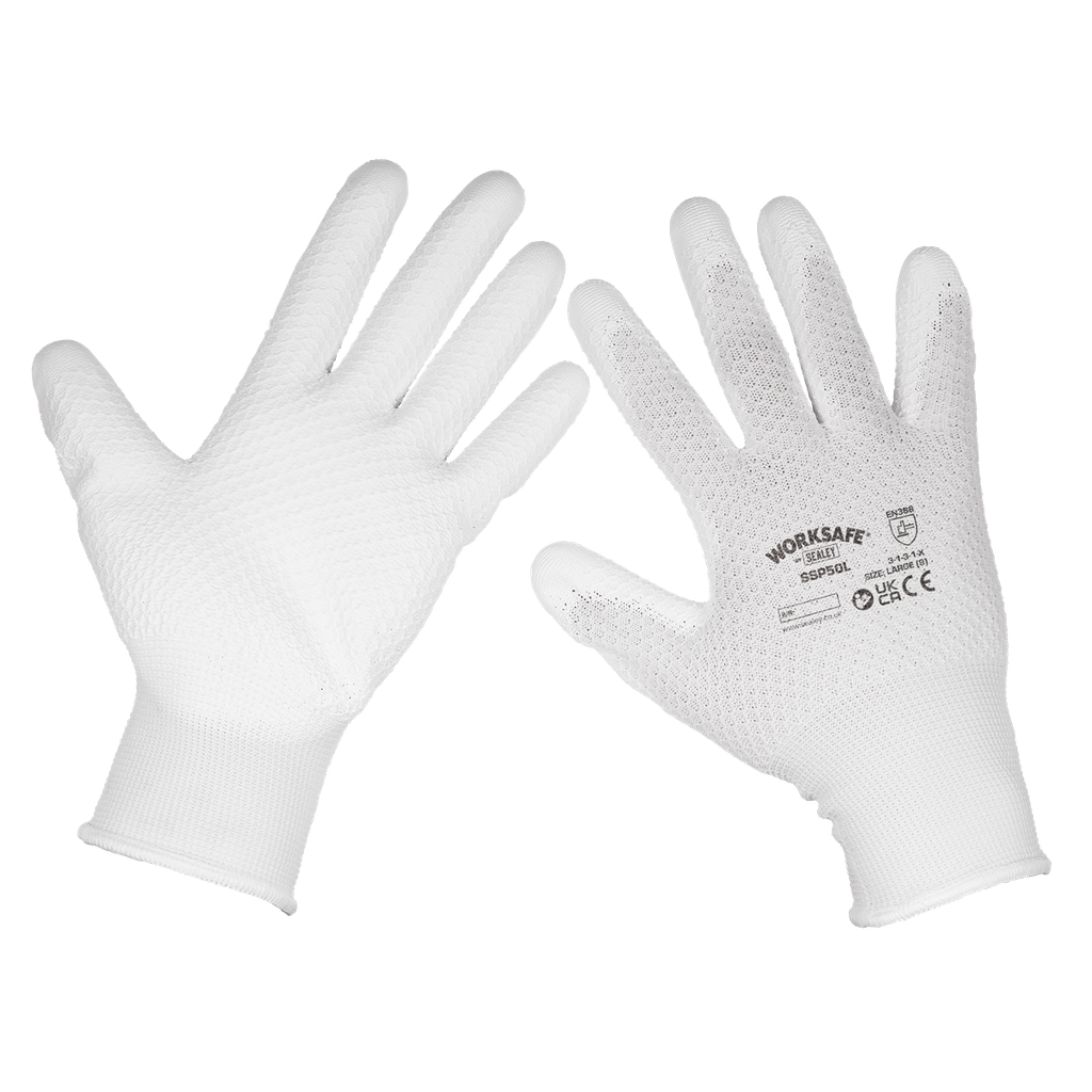 Sealey Worksafe® White Precision Grip Gloves, Large - Pack of 6 