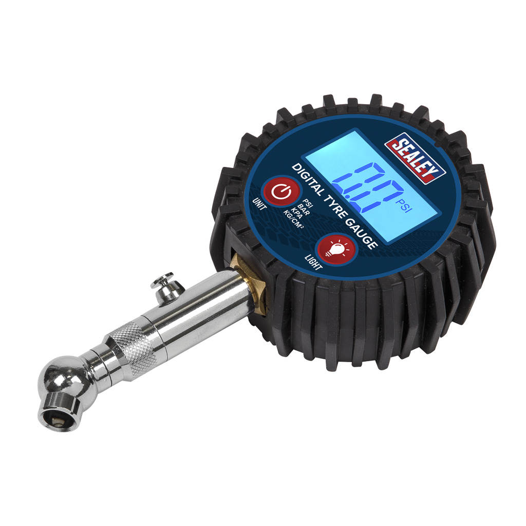 Sealey Digital Tyre Pressure Gauge with Swivel Head & Quick Rele