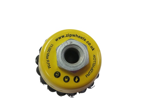 [FMTZIPYELLOW] Fast Mover ZIP wire brush wheel. Cup shape 70mm with M14 thread.