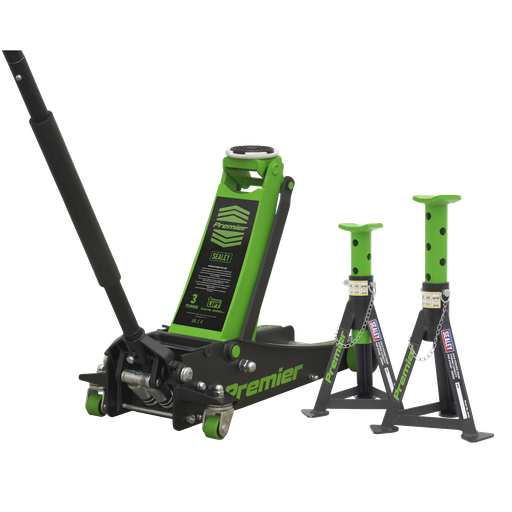 [3040AGCOMBO1] Sealey Premier Trolley Jack 3 Tonne & Axle Stands (Pair) 3 Tonne