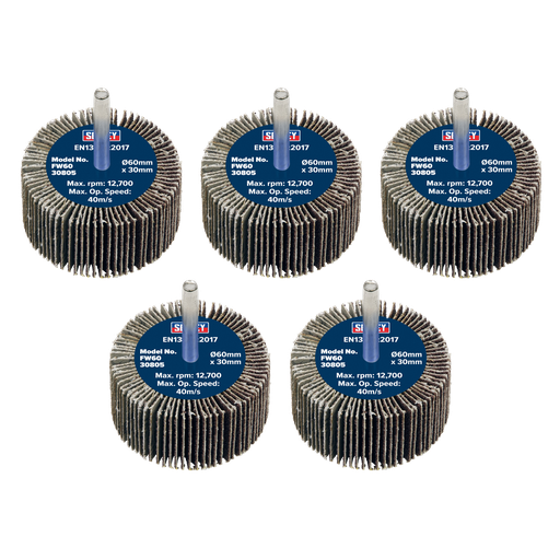 [FW6030805] Sealey 60 x 30mm Abrasive Flap Wheel on 6mm Shaft 80Grit - Pack 