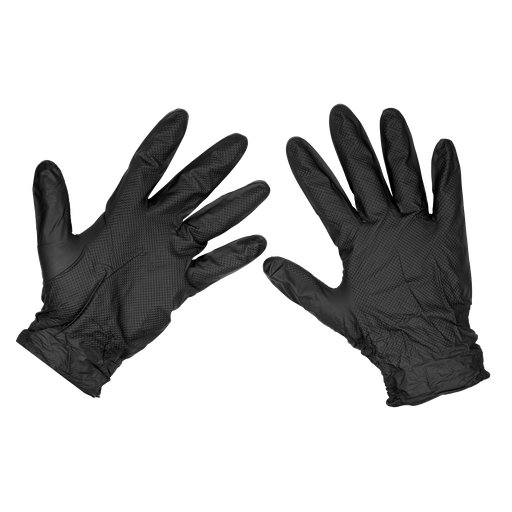 [SSP57L] Sealey Diamond Grip Extra-Thick Nitrile Powder-Free Gloves, Blac